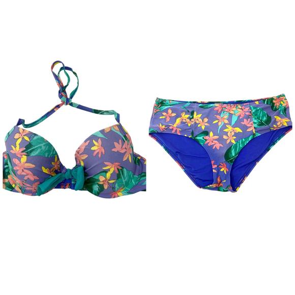 Aerie Purple Floral Push-up Wired Summer Beach Bikini Set Top 36C Bottom L - Picture 1 of 13